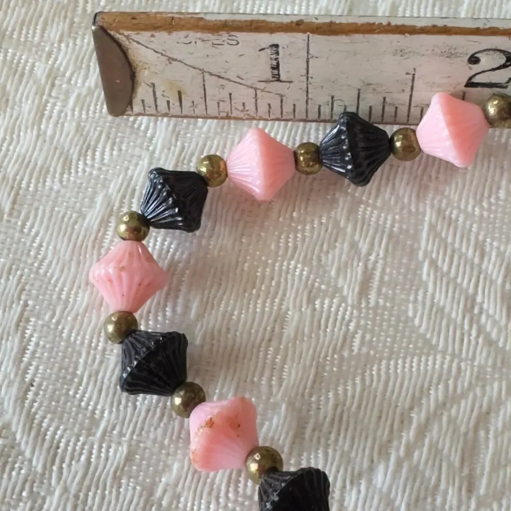 48” Vintage Art Deco Pink and Black Celluloid Trapezoid Necklace 1940’s Flapper
